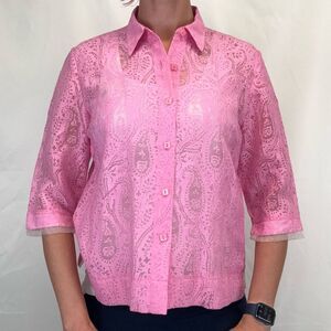 J.H. Collectibles Women's Sheer Lace Blouse Medium Pink Paisley Button Up